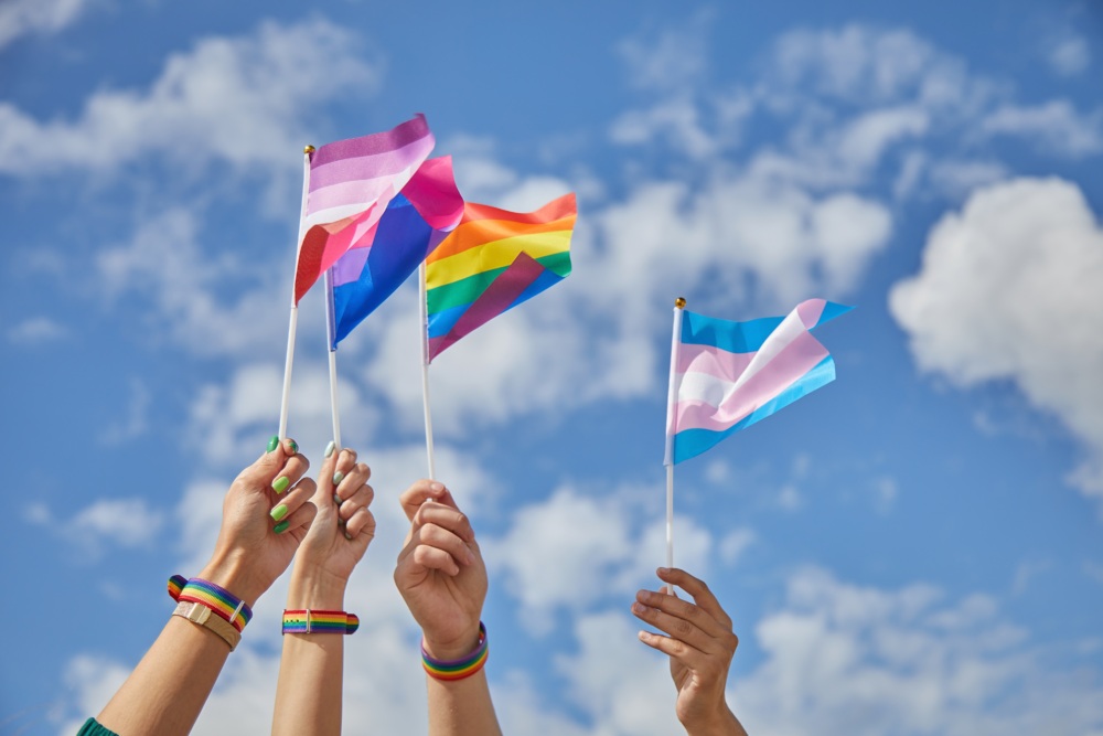 hands holding up LGBTQIA+ pride flags